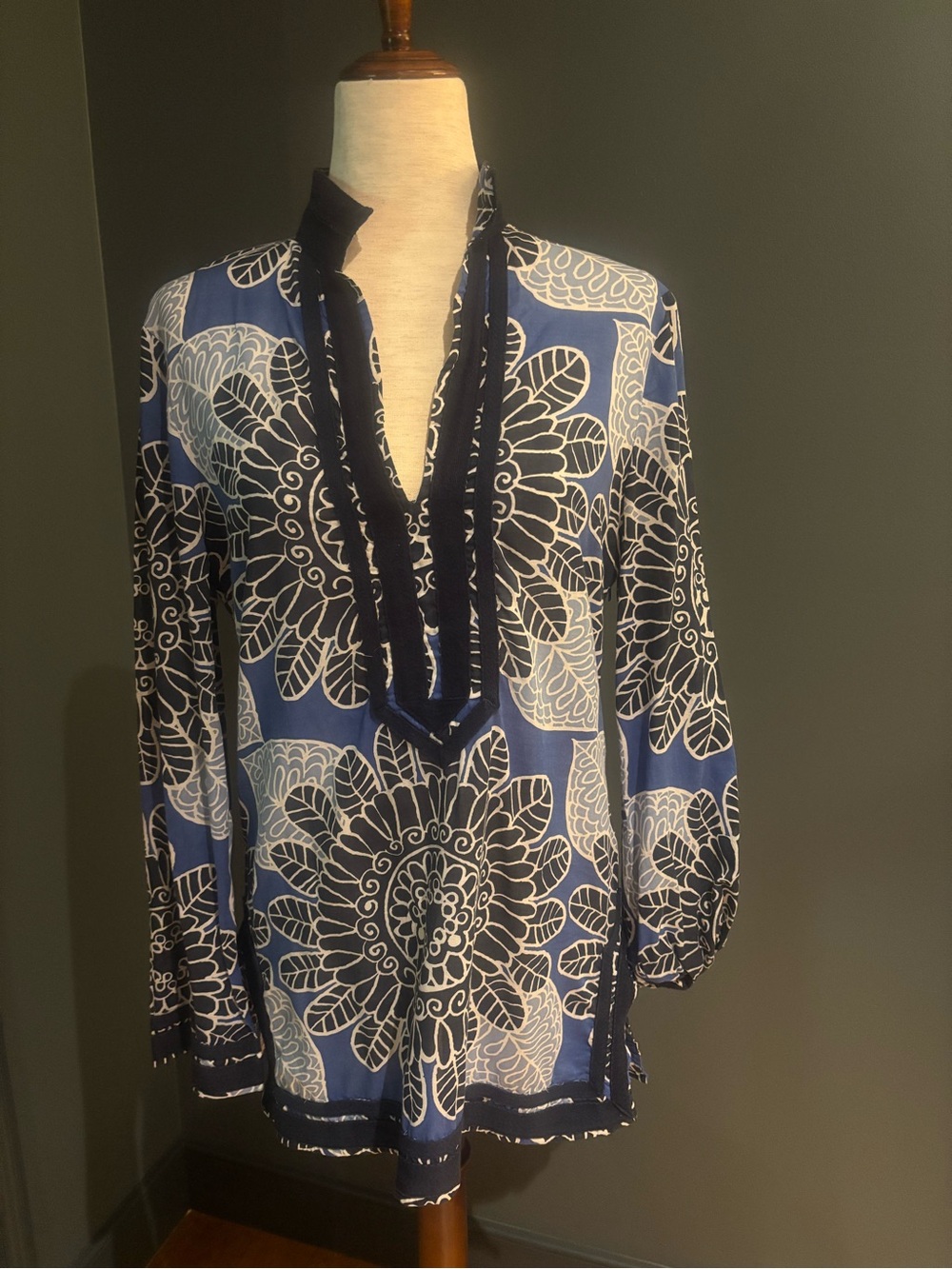 Tory Burch Blue and White Floral V-Neck Tunic